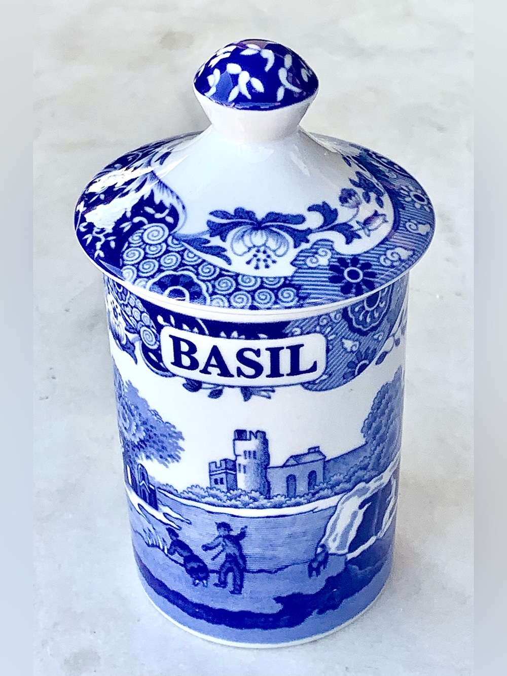 SPODE BLUE ITALIAN  Blue and White 'ROSEMARY' Ceramic Spice Jar with Lid 4IN